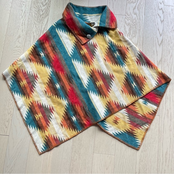 Rhonda Stark Western Southwestern Pattern Wool Blend Turtleneck Poncho Cape - Picture 4 of 13